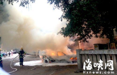  宝马 车撞上 行道树自燃  两人被烧焦难辨性别(图