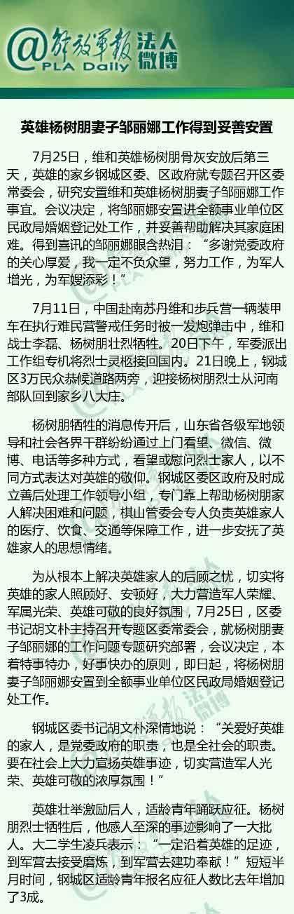 维和烈士杨树朋妻子被安排在当地民政局工作