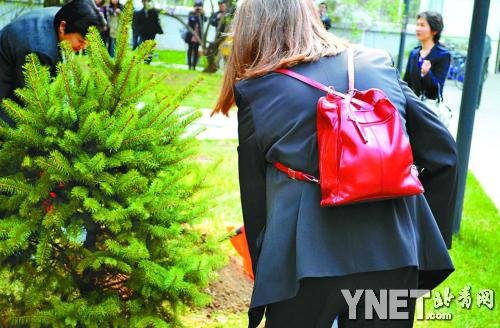 莱兹多蒂背着红色小背包，在北外种下云杉树