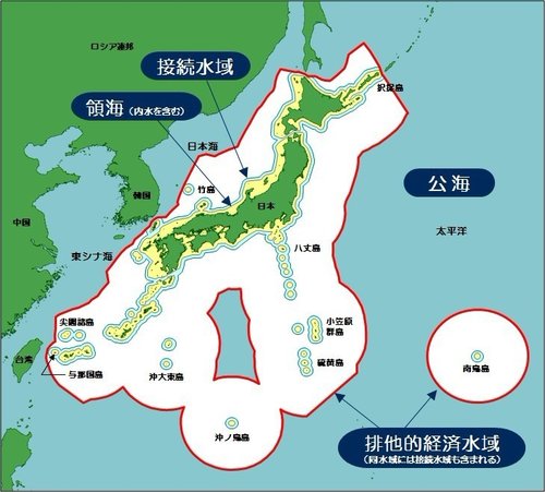日本海上保安厅网站公布的“日本专属经济区EEZ”示意图，钓鱼岛和冲之鸟礁被包括在其中