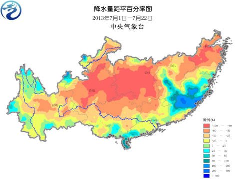Precipitation of Changjiang Delta Hua Na and the Yunnan-Guizhou Plateau is apart from smooth percentile chart (in July 2013 1 ～ 22 days)