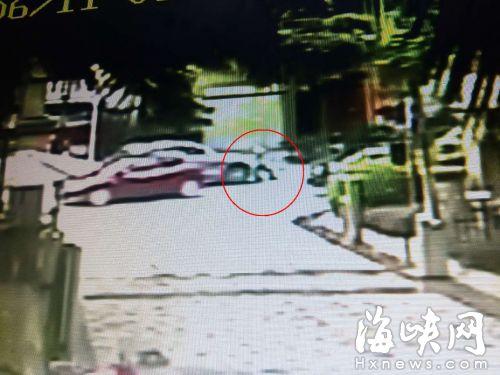 奥迪车顶着保安(画圈处)前进数米后,突然倒车,再加速将保安撞倒(视频截图)