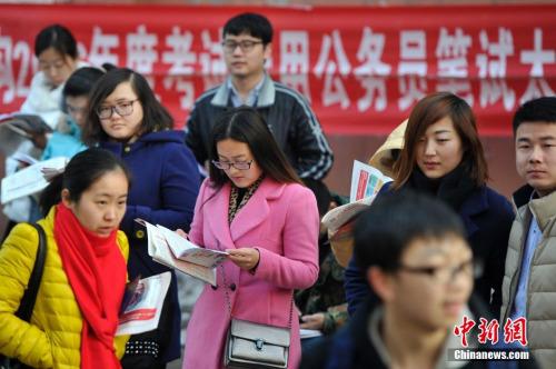 资料图。2015年11月29日，在山西太原一处国家公务员考试考点，考生在考前紧张复习。中新社记者 韦亮 摄