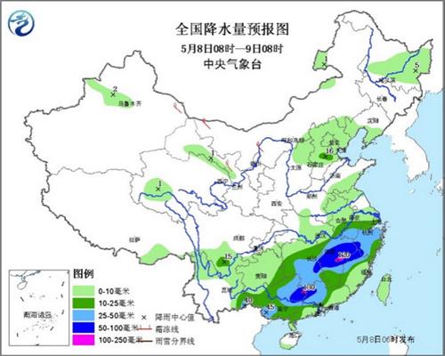 江南华南有强对流天气西藏震区有阵性雪（雨）天气