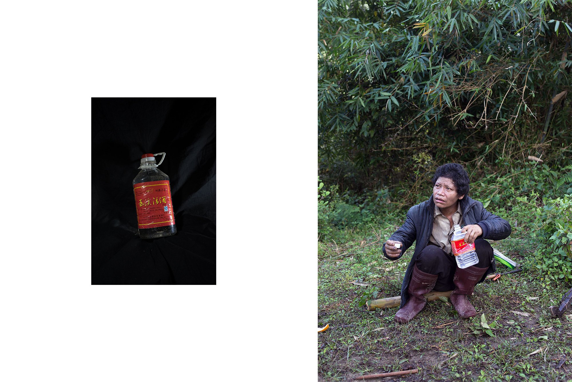 罗青大叔帮刀叔清理林中草果地的杂草以换取酬劳。在5小时徒步上山过程中,他喝掉了近两升白酒。 罗青大叔帮刀叔清理林中草果地的杂草以换取酬劳。在5小时徒步上山过程中,他喝掉了近两升白酒。