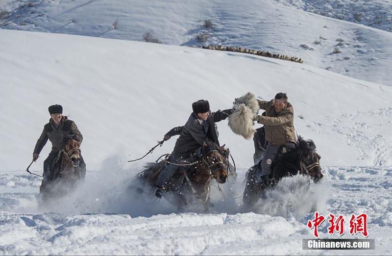 新疆哈萨克族牧民雪地刁羊 雪花溅起一米高(组图)