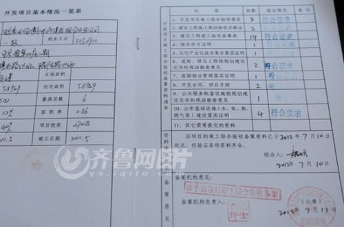 《淄博市房地产开发项目竣工综合验收备案表》显示，该项目的竣工综合验收备案资料已于2012年7月10日收讫，经验证各项资料齐全。