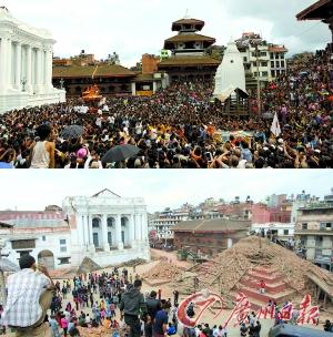 尼泊尔地震百年皇宫倒塌 游客被海浪般黄尘淹没