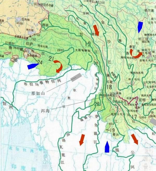 中国西南地区主要河流示意图,包括雅鲁藏布江,澜沧江,怒江等.