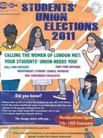 伦敦城市大学学联选举的一份海报，画面动感十足，竞选重点、主要诉求，比如全面提升女性在城市大学学联中的比重的目的一目了然。