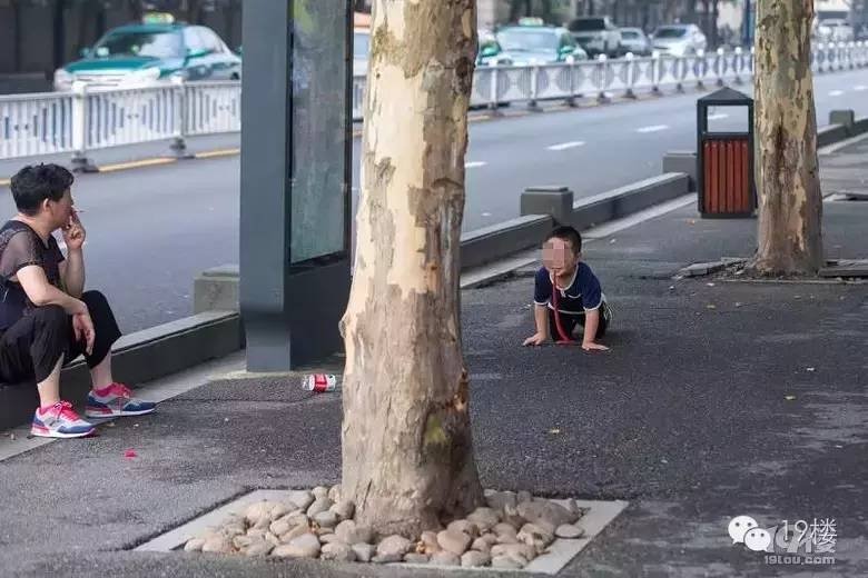 大妈当街抽烟遛孙子 让其学狗爬用嘴叼“蛇”(图)