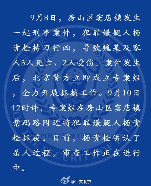 北京房山5死2伤案嫌犯杨贵栓落网 供认杀人过程