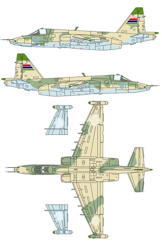 冈比亚苏-25攻击机的三视图,其编号为81.