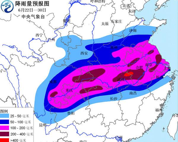 6月22日-30日，淮河流域降雨量预报。