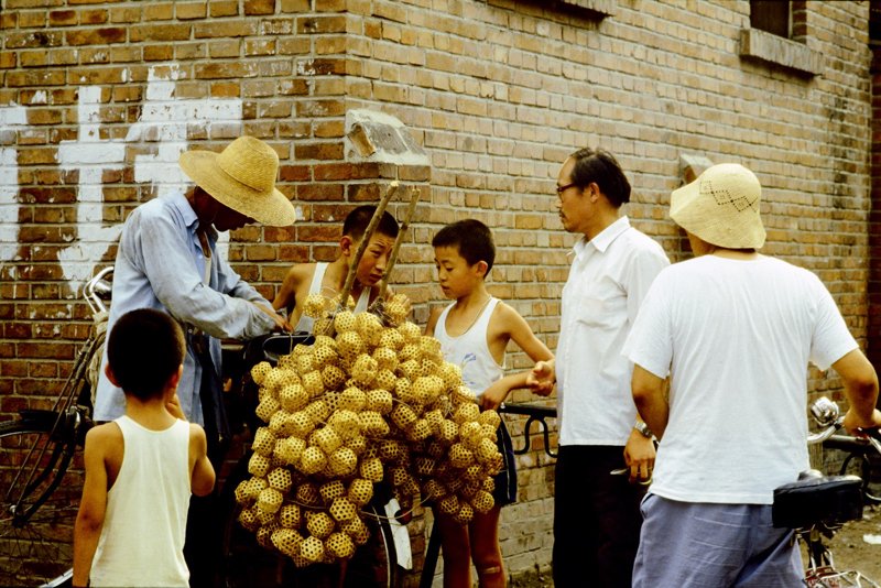 20世纪70年代,北京街头卖蝈蝈的小贩,自行车上挂满了蝈蝈笼子。买蝈蝈玩是当时孩子们的童年乐趣之一。 20世纪70年代,北京街头卖蝈蝈的小贩,自行车上挂满了蝈蝈笼子。买蝈蝈玩是当时孩子们的童年乐趣之一。