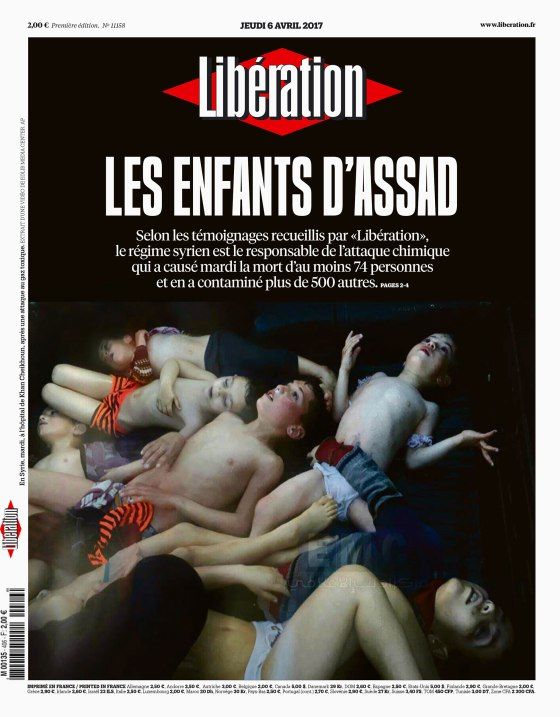 法国《解放报》(Libération)3月6日头条。它的标题是:“阿萨德的孩子。” 法国《解放报》(Libération)3月6日头条。它的标题是:“阿萨德的孩子。”