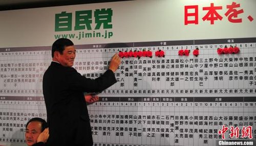 图为自民党干事长石破茂在给获选议员贴获胜标志红花。中新社发 孙冉 摄