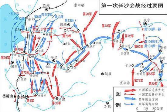 第一次长沙会战经过略图,日军历次进攻路线均集中在洞庭湖东岸.