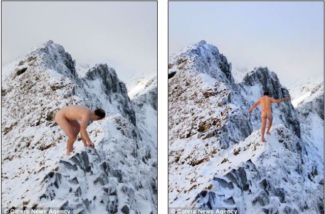 摄影师名丹·艾克在北威尔士的一座雪山顶脱光了衣服。