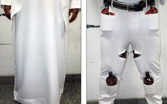 2015年9月份，另一名沙特男子曾在裤子上的缝制特殊口袋，将12瓶酒装在口袋中，用传统白袍盖住。（网页截图）