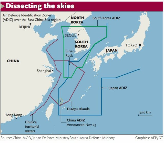 韩国新版防空识别区示意图