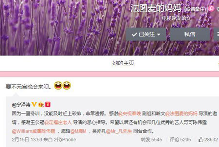 哈文发微博邀请宁泽涛上元宵晚会 哈文发微博邀请宁泽涛上元宵晚会