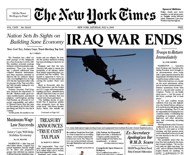 被偽造的那期《紐約時報》，標題稱伊拉克戰爭已完結，實際上並沒有