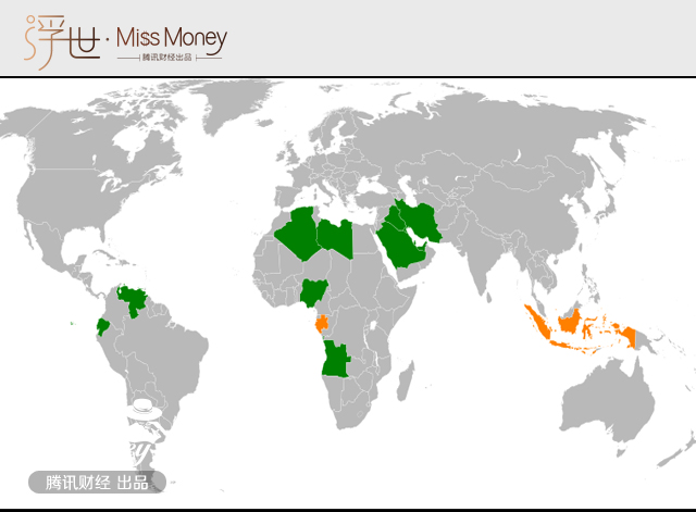 图：绿色为OPEC现在的成员国，橙色为前成员国