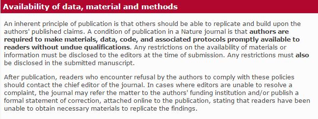 在自然科研旗下期刊发表论文,作者须将材料、数据、代码和相关的实验流程及时向读者提供，不可加以不当限制
