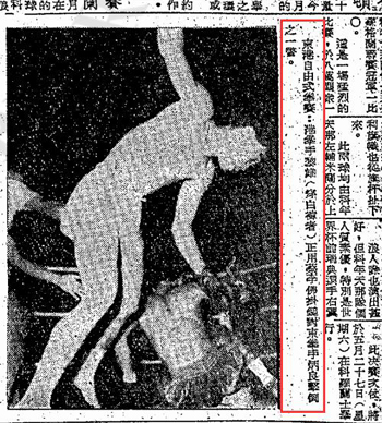 图:《华侨日报》1961年5月19日关于香港少林拳拳手黎雄在金边与泰拳拳手比赛的图片报道 图:《华侨日报》1961年5月19日关于香港少林拳拳手黎雄在金边与泰拳拳手比赛的图片报道
