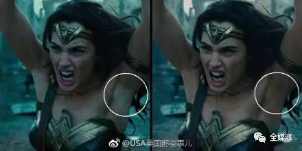 左图为第一版预告中,神奇女侠腋窝太白被喷;右图为新版预告,华纳利用数码技术将腋毛修复。 左图为第一版预告中,神奇女侠腋窝太白被喷;右图为新版预告,华纳利用数码技术将腋毛修复。
