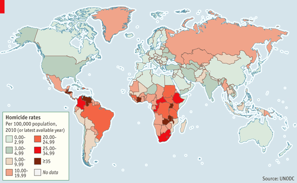 2010年全球謀殺率地圖（每10萬人），顏色越深代表謀殺率越高，數(shù)據(jù)來源：聯(lián)合國毒品和犯罪問題辦公室