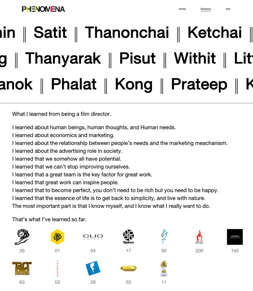 上:Phenomena旗下的广告导演 下:著名导演Thanonchai的个人简介与所获奖项 上:Phenomena旗下的广告导演 下:著名导演Thanonchai的个人简介与所获奖项