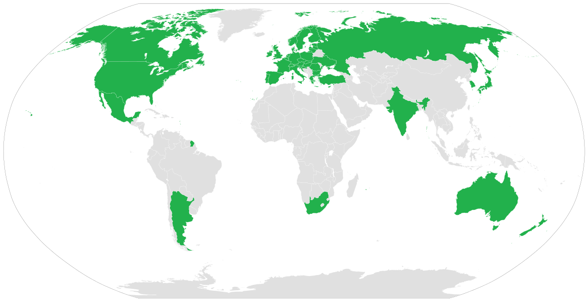 绿色为瓦森纳协定缔约国，美国和俄罗斯都在其中