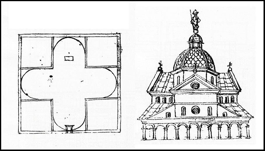 斯弗金达城中心式圆顶教堂的平面与立面图