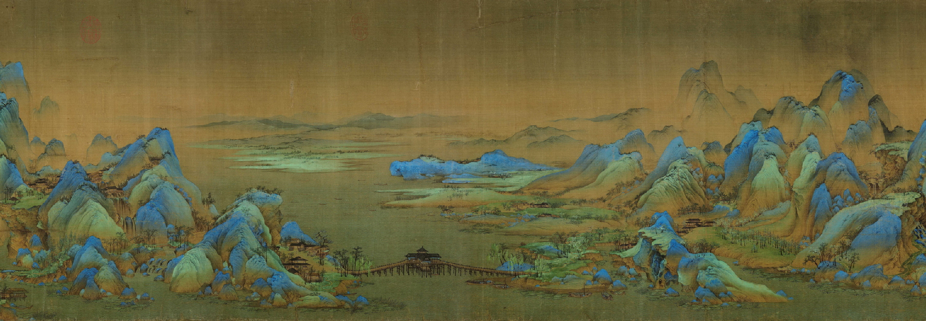 《千里江山图》（局部），为王希孟18岁时作品，现存于北京故宫博物院