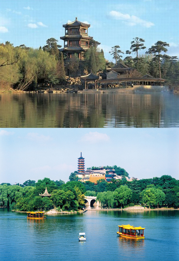 避暑山庄小金山(上)与镇江金山寺(下) 避暑山庄小金山(上)与镇江金山寺(下)