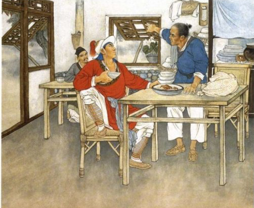 武松打虎前在店里喝酒吃肉(画家刘?#29305;?#32472;) 武松打虎前在店里喝酒吃肉(画家刘?#29305;?#32472;)