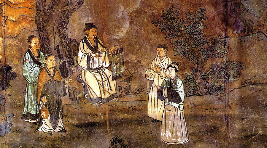 永乐宫重阳殿壁画上的王重阳与马钰、孙不二 永乐宫重阳殿壁画上的王重阳与马钰、孙不二