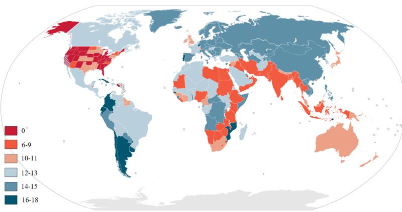 世界各国刑事责任年龄的统计分布 世界各国刑事责任年龄的统计分布