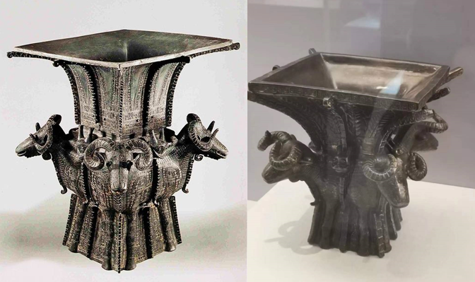 原型(左)是藏于国家博物馆的四羊方尊 原型(左)是藏于国家博物馆的四羊方尊