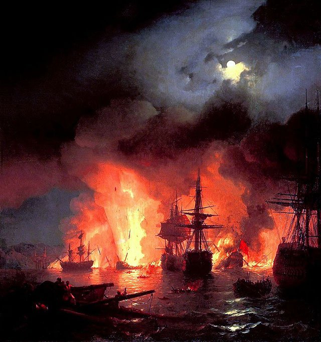 1770年土耳其沿海的切什梅海战,俄罗斯海军歼灭了奥斯曼舰队 1770年土耳其沿海的切什梅海战,俄罗斯海军歼灭了奥斯曼舰队