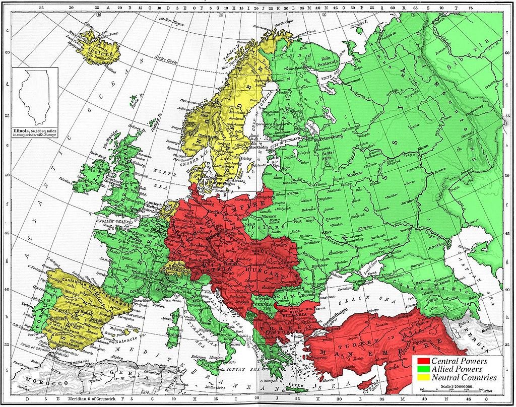 1915年同盟国与协约国的势力分布图，图里同盟国标示为红色，协约国为绿色，中立国为黄色