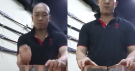 香港动作演员继单手劈石头后 再展示徒手劈砖头