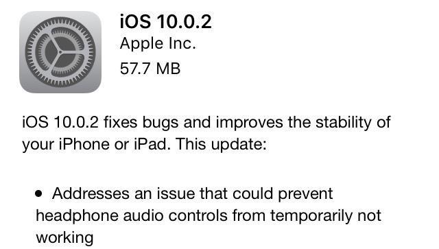 苹果发布iOS 10.0.2 修好了耳机线控失效问题_