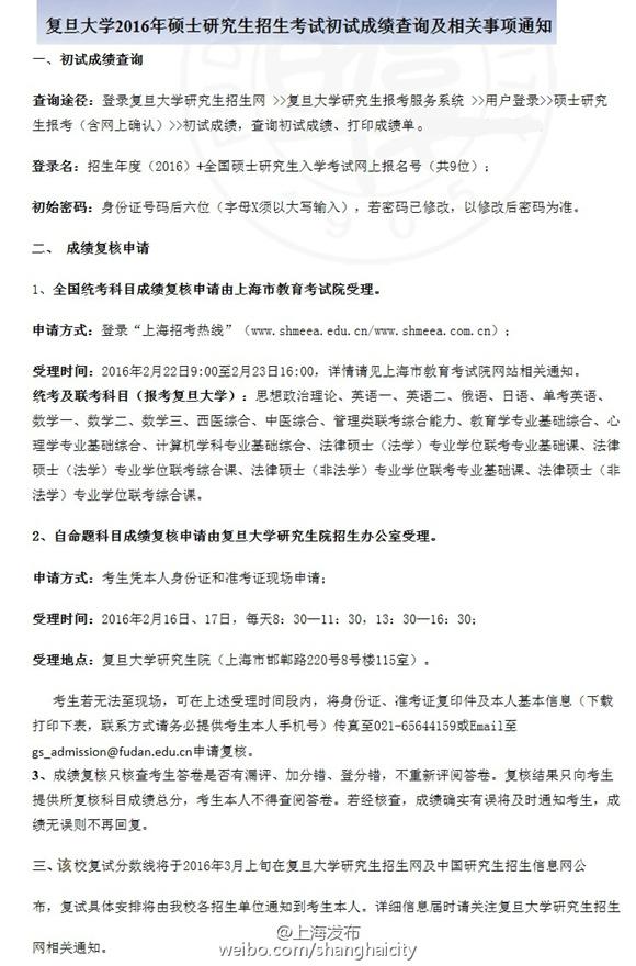 复旦大学等上海4所高校考研成绩公布时间出炉