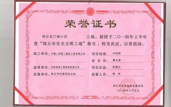 商丘名门城,喜获河南省结构中州杯最高质量奖