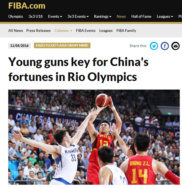 FIBA专家赞男篮三将 称中国队奥运有望冲