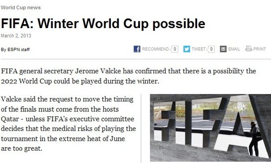 FIFA：2022世界杯可能冬天举办 躲避40度酷暑