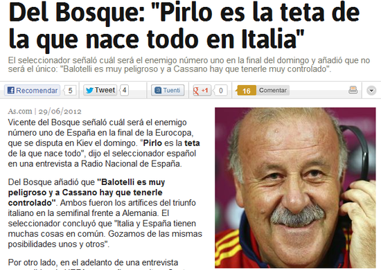 博斯克：皮尔洛最具威胁 西班牙足球已在巅峰
